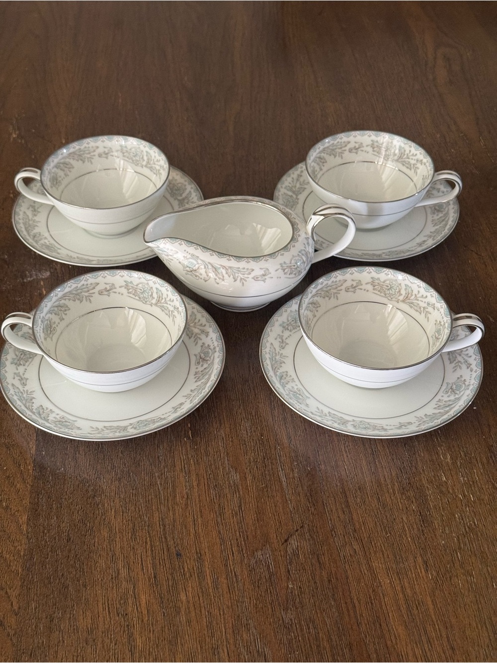 Noritake Elegant White and Silver Floral Fine China Tea Cup and Saucer Set